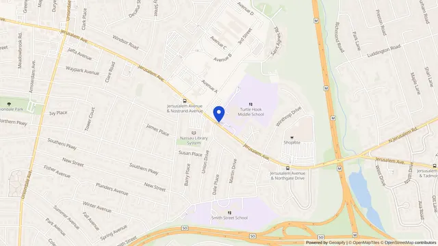 Map showing the location of A. Holly Patterson Extended Care Facility at 875 Jerusalem Avenue, Uniondale, NY 11553, served by DachiPlus medical transportation.