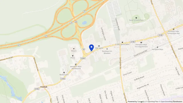 Map showing the location of Barbara H. Lord Regional Dialysis Center at 184 W Montauk Hwy, Hampton Bays, NY 11946, served by DachiPlus medical transportation.