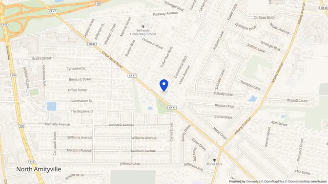 Map showing the location of DaVita Long Island Renal Care (Amityville) at 3460 Great Neck Rd, Amityville, NY 11701, served by DachiPlus medical transportation.