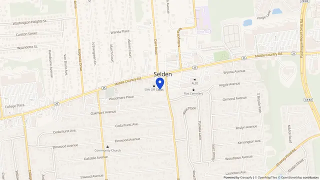 Map showing the location of DaVita Selden Dialysis at 668 Middle Country Rd, Selden, NY 11784, served by DachiPlus medical transportation.