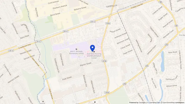 Map showing the location of East Neck Nursing & Rehab Center at 134 Great East Neck Road, West Babylon, NY 11704, served by DachiPlus medical transportation.