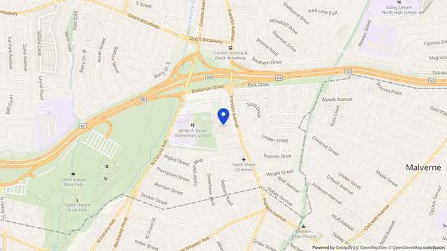 Map showing the location of Franklin Center Adult Day Health Care at 900 Franklin Ave, Valley Stream, NY 11580, served by DachiPlus medical transportation.