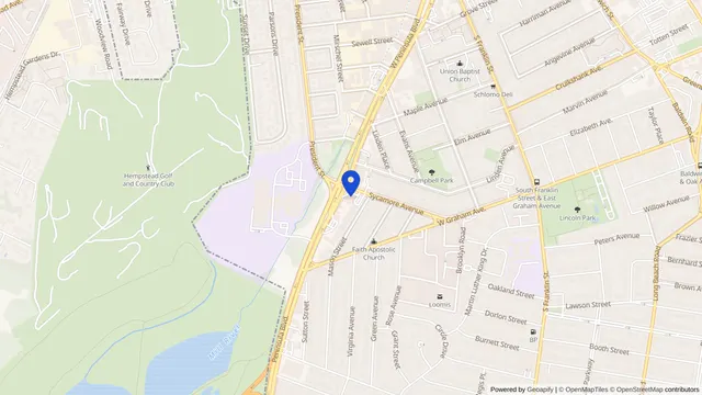 Map showing the location of Fresenius Kidney Care Hempstead at 615 Peninsula Blvd, Hempstead, NY 11550, served by DachiPlus medical transportation.