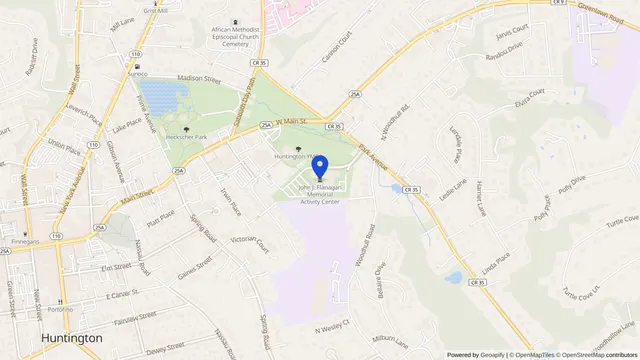Map showing the location of Town of Huntington Adult Day Care at 423 Park Ave, Huntington, NY 11743, served by DachiPlus medical transportation.