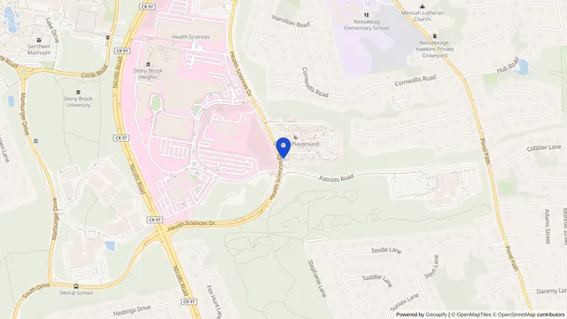 Map showing the location of Long Island State Veterans Home at 100 Patriots Road, Stony Brook, NY 11790, served by DachiPlus medical transportation.