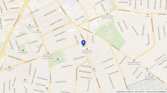 Map showing the location of Mayfair Care Center at 100 Baldwin Road, Hempstead, NY 11550, served by DachiPlus medical transportation.