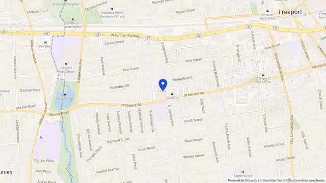 Map showing the location of Meadowbrook Care Center at 320 West Merrick Road, Freeport, NY 11520, served by DachiPlus medical transportation.