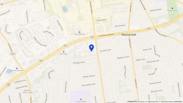 Map showing the location of Nesconset Center for Nursing & Rehab at 100 Southern Boulevard, Nesconset, NY 11767, served by DachiPlus medical transportation.