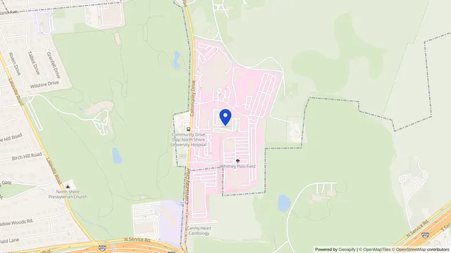 Map showing the location of North Shore Univ. Hosp. Stern Family Center for Extended Care at 300 Community Drive, Manhasset, NY 11030, served by DachiPlus medical transportation.
