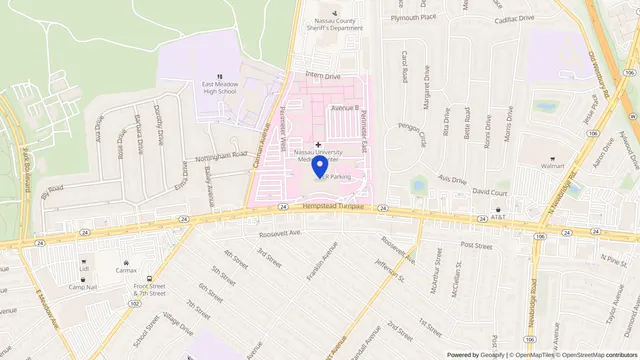 Map showing the location of NuHealth Dialysis Center (NUMC) at 2201 Hempstead Tpke, East Meadow, NY 11554, served by DachiPlus medical transportation.
