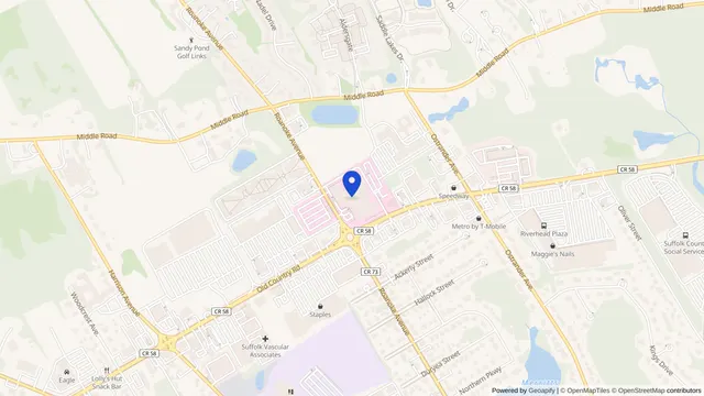 Map showing the location of Peconic Bay Skilled Nursing Facility at 1300 Roanoke Avenue, Riverhead, NY 11901, served by DachiPlus medical transportation.