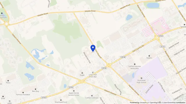 Mapa que muestra la ubicación de Riverhead Care Center en 1146 Woodcrest Avenue, Riverhead, NY 11901 — DachiPlus ofrece transporte médico aquí.