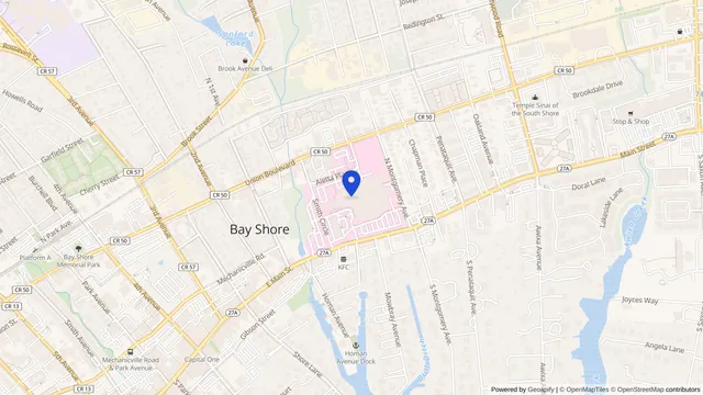 Map showing the location of South Shore University Hospital at 301 E Main St, Bay Shore, NY 11706, served by DachiPlus medical transportation.