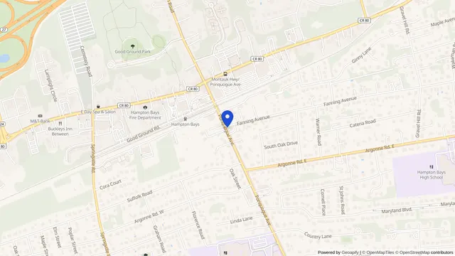 Map showing the location of Town of Southampton Adult Day Care at 25 Ponquogue Ave, Hampton Bays, NY 11946, served by DachiPlus medical transportation.