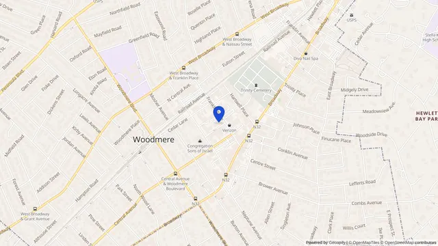 Map showing the location of Woodmere Rehabilitation & Health Care Center at 121 Franklin Place, Woodmere, NY 11598, served by DachiPlus medical transportation.