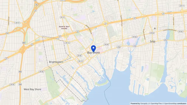 Map showing the location of Bay Shore at Bay Shore, Suffolk County, NY, served by DachiPlus medical transportation.