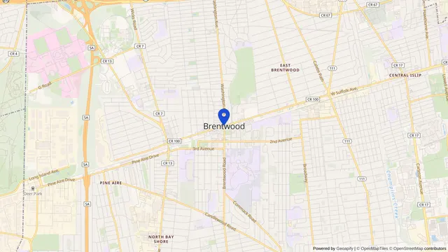 Map showing the location of Brentwood at Brentwood, Suffolk County, NY, served by DachiPlus medical transportation.