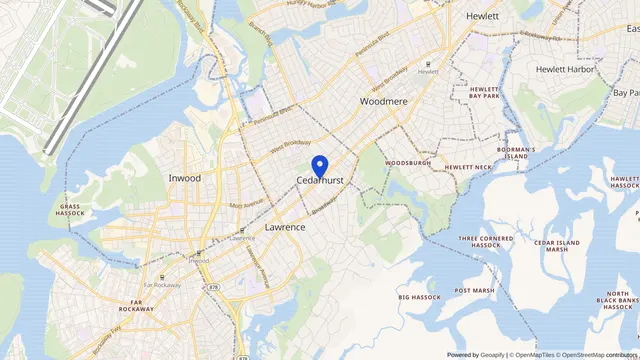 Map showing the location of Cedarhurst at Cedarhurst, Nassau County, NY, served by DachiPlus medical transportation.