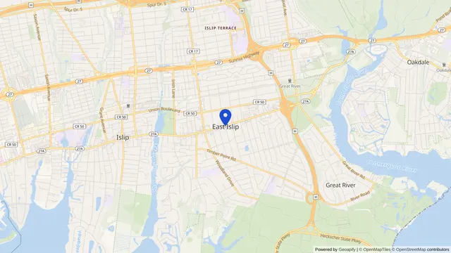 Map showing the location of East Islip at East Islip, Suffolk County, NY, served by DachiPlus medical transportation.