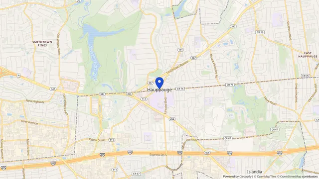 Map showing the location of Hauppauge at Hauppauge, Suffolk County, NY, served by DachiPlus medical transportation.