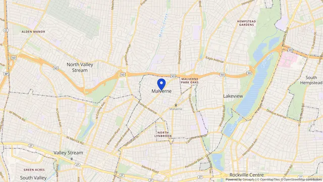 Map showing the location of Malverne at Malverne, Nassau County, NY, served by DachiPlus medical transportation.
