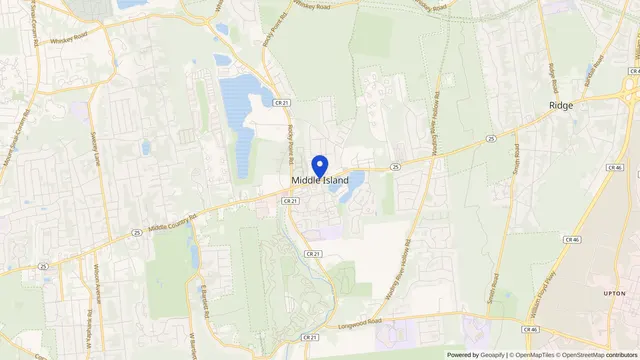 Map showing the location of Middle Island at Middle Island, Suffolk County, NY, served by DachiPlus medical transportation.