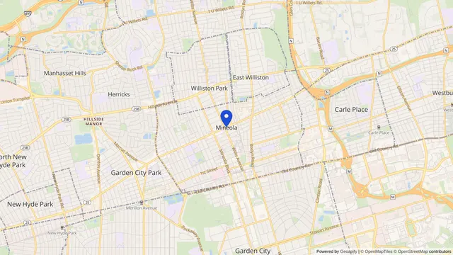 Map showing the location of Mineola at Mineola, Nassau County, NY, served by DachiPlus medical transportation.