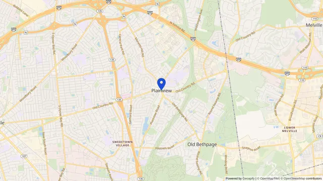 Map showing the location of Plainview at Plainview, Nassau County, NY, served by DachiPlus medical transportation.