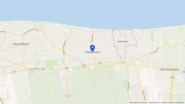Map showing the location of Rocky Point at Rocky Point, Suffolk County, NY, served by DachiPlus medical transportation.