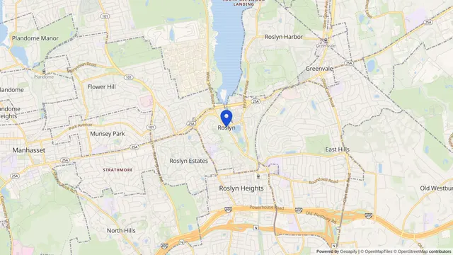 Map showing the location of Roslyn at Roslyn, Nassau County, NY, served by DachiPlus medical transportation.