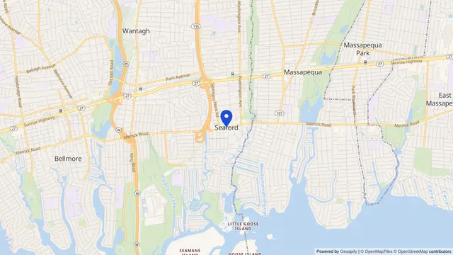 Map showing the location of Seaford at Seaford, Nassau County, NY, served by DachiPlus medical transportation.