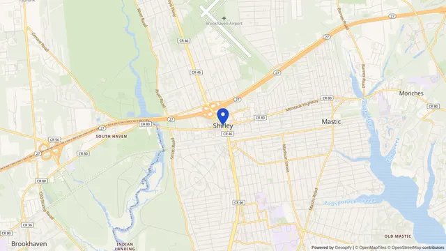 Map showing the location of Shirley at Shirley, Suffolk County, NY, served by DachiPlus medical transportation.