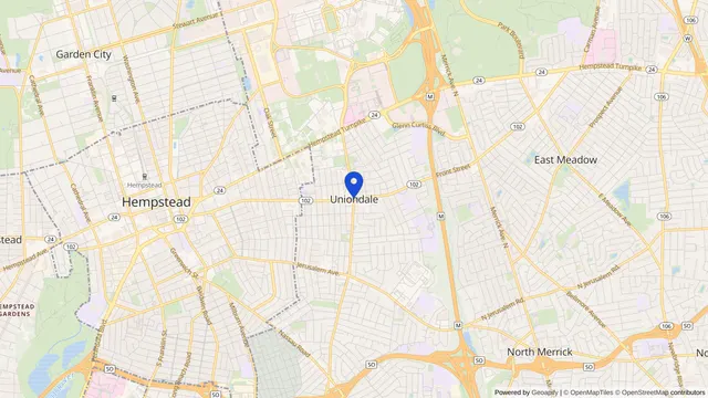 Map showing the location of Uniondale at Uniondale, Nassau County, NY, served by DachiPlus medical transportation.